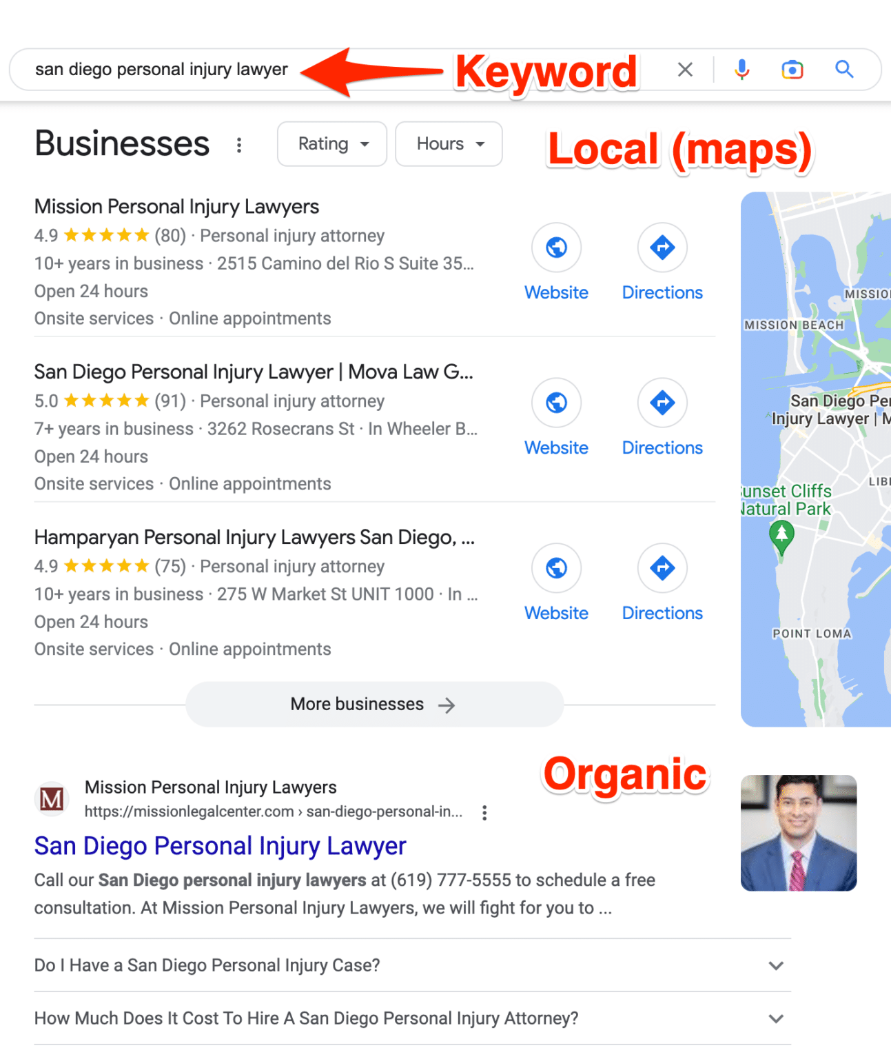 Google organic and local results.